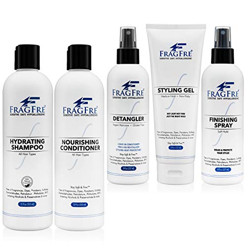 FRAGFRE Professional Hair Salon Set for Sensitive Skin 8/12 oz/ea (5-Pack Gift Set) - Shampoo-Conditioner-Detangler-Styling Gel-Finishing Spray