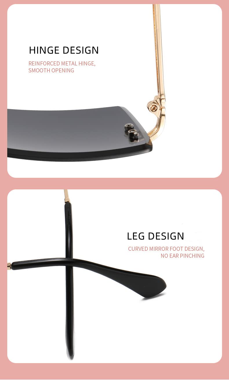 HANDA Rimless Rectangle Sunglasses for Women Men UV400 Protection Lens Sun Glasses Square Shade Metal Frame Eyewear (Black)