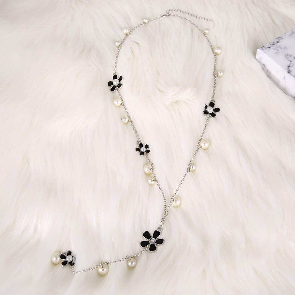 DoubleNine Camellia Long Chain Necklace Beads Silver Crysyal Pendant Drop Charm Necklace for Women Bride Wedding Evening Party