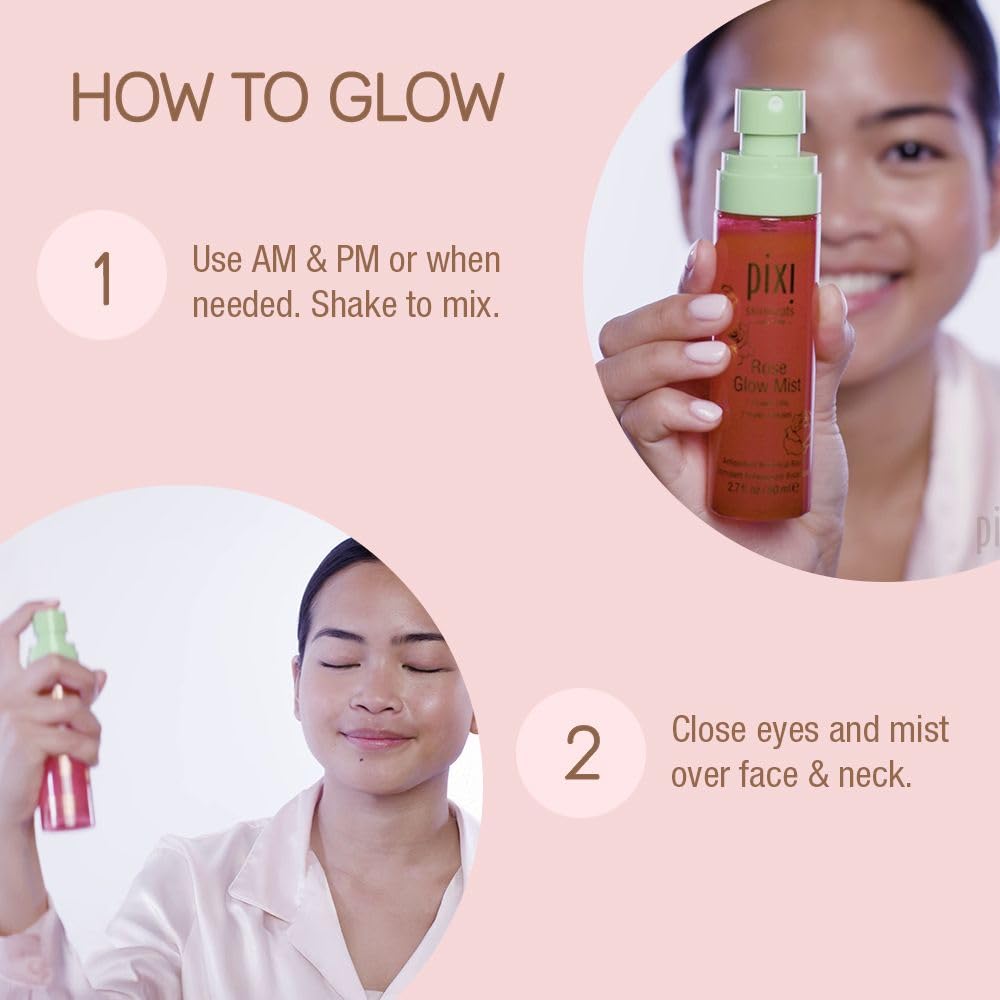 Pixi Beauty Rose Glow Mist | Hydrating Makeup Setting Spray with Rose Water & 21 Natural Oils | Luminous Dewy Finish | All-Day Hold | Refreshes & Sets