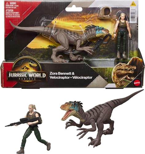 Mattel Jurassic World Rebirth Human & Dinosaur Figure Pack, Zora Bennett & Velociraptor, Movie-Accurate 3.75 Inch Scale, Posable Collectible