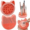 Makeup Brush Cleaning Mat with Drying Holder for Sink-Silicone Washing Cosmetic Brush Cleaner Pad (Orange)