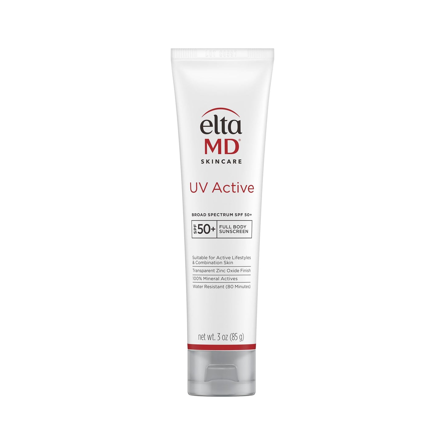 EltaMD UV Active Mineral Sunscreen with Zinc Oxide, Water Resistant Sunscreen SPF 50+ Up to 80 Minutes, Oil Free SPF for Face and Body, 3.0 oz Tube