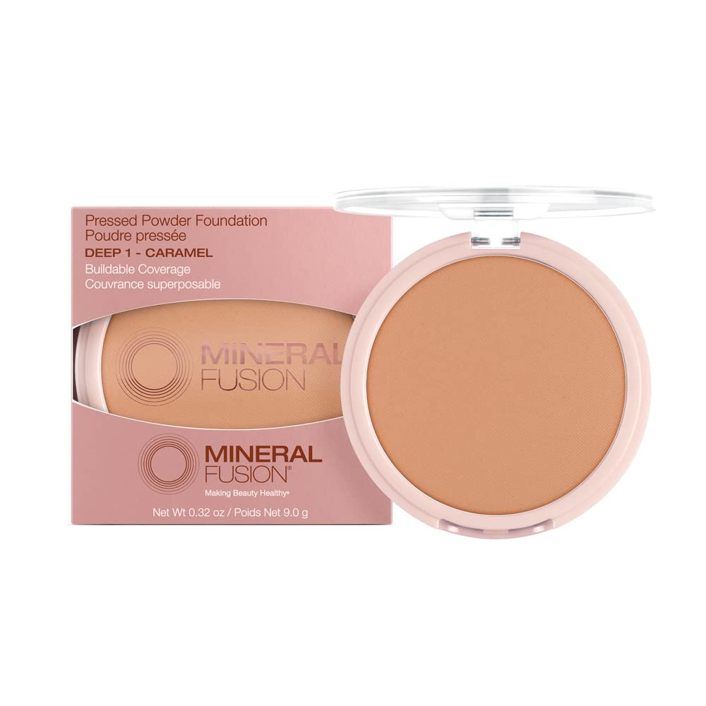 Mineral Fusion Pressed Powder Foundation, Deep 1 - Med/Tan Skin w/Golden Undertones, Age Defying Foundation Makeup with Matte Finish, Talc Free Face