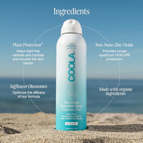 COOLA Organic Mineral Sunscreen SPF 30 Sunblock Spray, Dermatologist Tested Skin Care for Daily Protection, Vegan and Gluten Free, Fragrance Free, 5