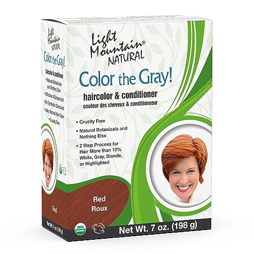 Light Mountain Henna Hair Color & Conditioner, Color the Gray - Red, 2-Step Chemical-Free, Semi-Permanent for White, Gray & Blonde Hair + 4 Clips