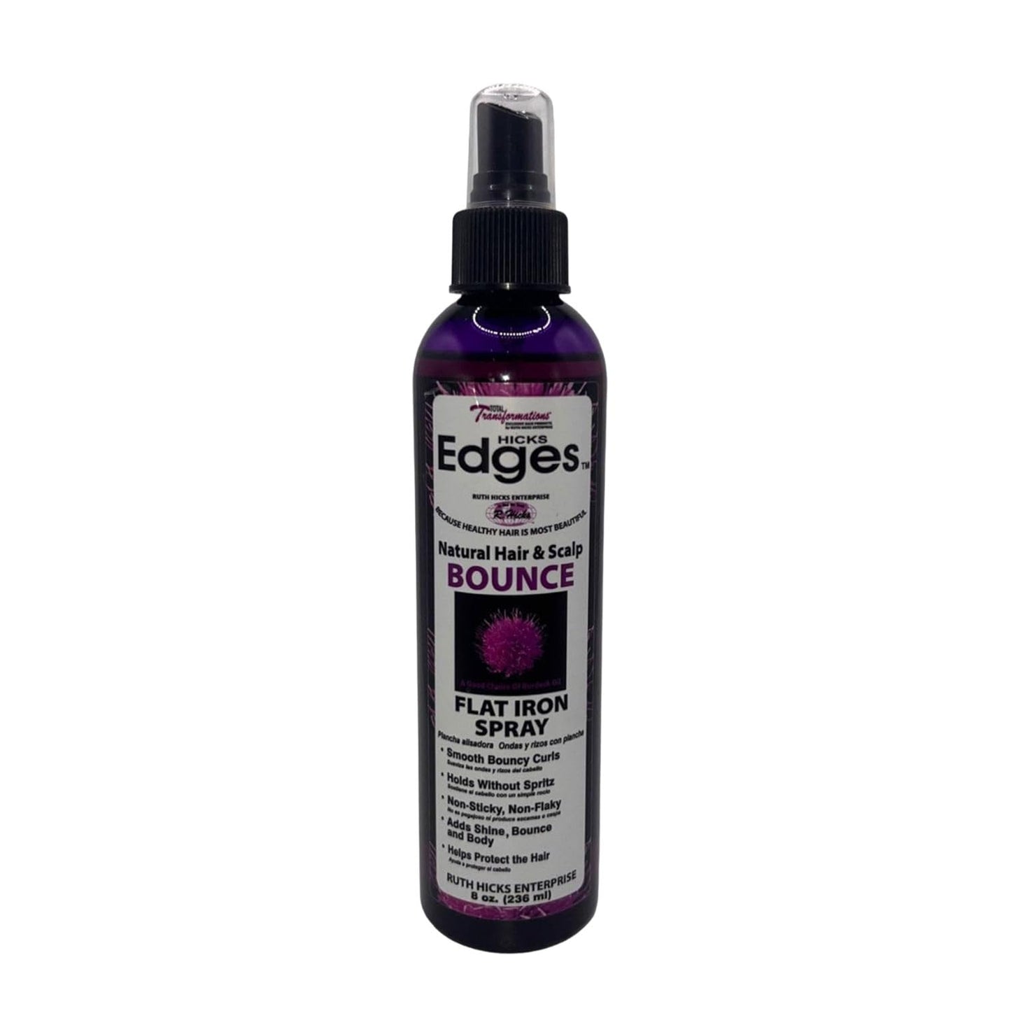 Hicks Edges Natural Hair and Scalp Bounce Flat Iron Spray, Smooth Bouncy Curls, Holds without Spritz with Heat Protection, Non-Sticky and Non Flaky