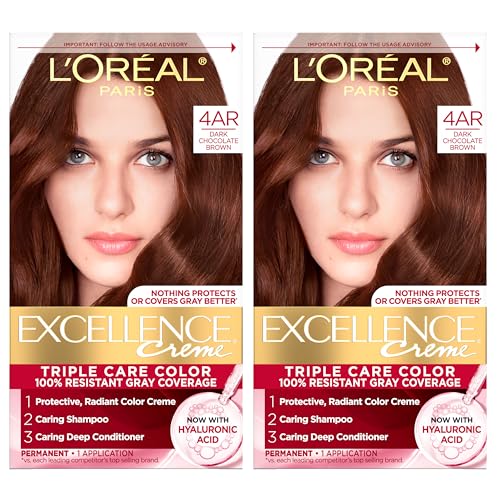 L'Oreal Paris Excellence Crème Permanent Hair Dye, Triple Care Hair Color with Hyaluronic Acid for 100% Gray Coverage, 4AR Dark Chocolate Brown, 1 Kit
