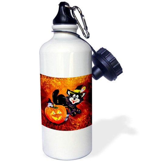 3dRose "Funny Halloween Cat and Mouse" Sports Water Bottle, 21 oz, White