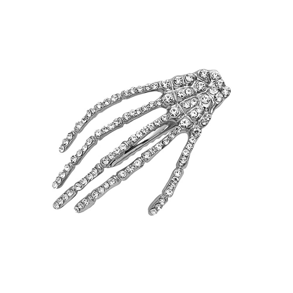 wekicici Skeleton Hand Rhinestone Hair Clip Punk Horror Skull Hairpin for Women and Girls Fashion Gothic Barrette Hair Accessories(2 pcs ), Silver