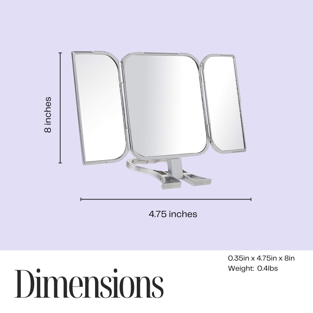Danielle Creations 3-Way Foldable Travel Makeup Mirror with Built in Stand and Handle, Silver