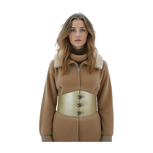 Women Elastic Waistband Wide Champagne Beige Corset Fashion Belt Silver Hook Plus Size L XL