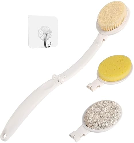 LFJ 19" Long Handle Shower Sponge Brush Set, 3 in 1 Body Brush, Bath Sponge and Lotion Applicator Improved Skin Health, Suitable for Men and Women