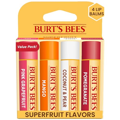 Burt's Bees Lip Balm - Pink Grapefruit, Mango, Coconut & Pear, and Pomegranate Pack, Lip Moisturizer With Beeswax, Tint-Free, Natural Origin