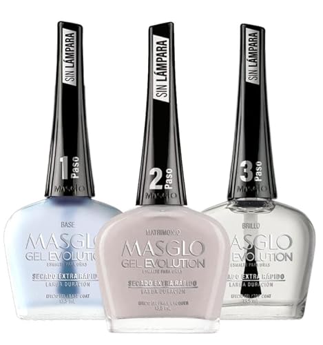 MASGLO GEL EVOLUTION Nail Polish Gel Effect, No UV/Led Lamp, Duration up to 12 Days, 3 PCs - Base, Esmalte Color, Brillo, 0.5 Fl. Oz. (Matrimonio) Beauty & Personal Care MASGLO