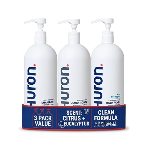 Huron Shower Kit for Men and Women - Shampoo, Conditioner & Body Wash with Citrus + Eucalyptus Scent, Hydrating, Phthalate-Free, non-toxic Ingredients