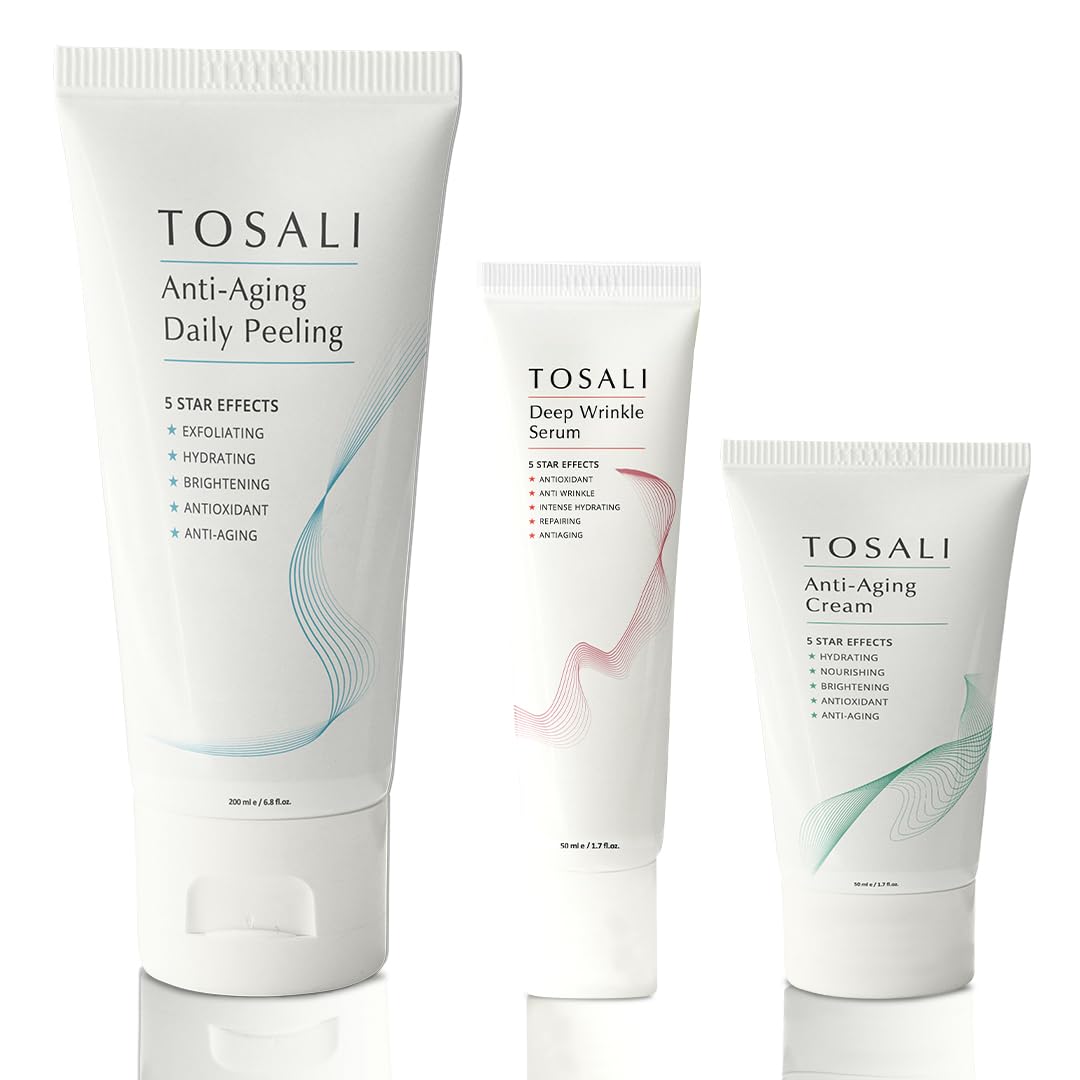 TOSALI Anti Aging Skincare Set - Daily Peeling Mask (6.8 oz), Deep Wrinkle Serum (1.7 fl oz) & Face Cream (1.7 oz) - Hydrating, Brightening, Wrinkle