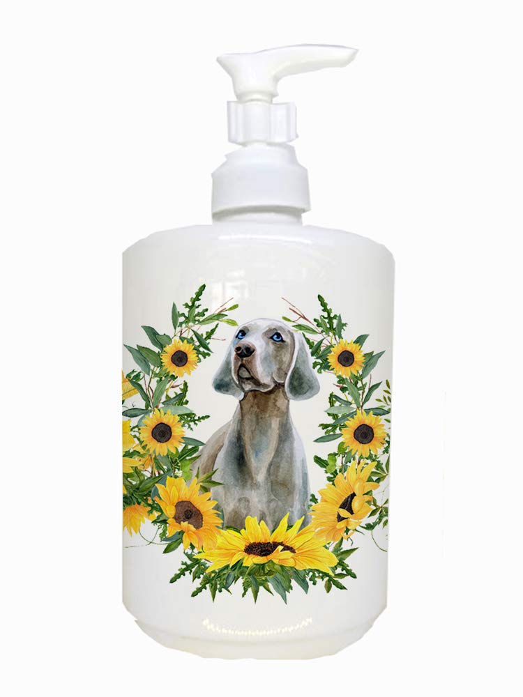 Caroline's Treasures CK2866SOAP Weimaraner in Sunflowers Ceramic Soap Dispenser Hand Soap Dispenser Pump Bottles for Bathroom Kitchen, Empty