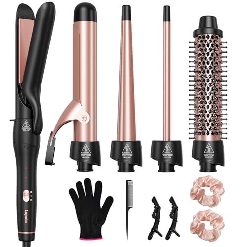 Lopeie 5 in 1 Curling Iron with Thermal Brush and 4 Interchangeable Ceramic Barrels(1/2 to 1 1/2 inch), Curling Wand Set with Flat Iron, Fast Heating Beauty and Personal Care Lopeie Default Title
