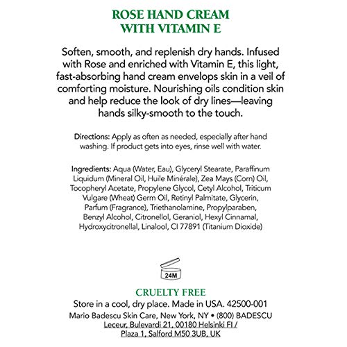 Mario Badescu Rose Hand Cream with Vitamin E for Men and Women, Non-Greasy, Light and Fast-Absorbing Hand Cream for Dry Cracked Hands, Ideal for All