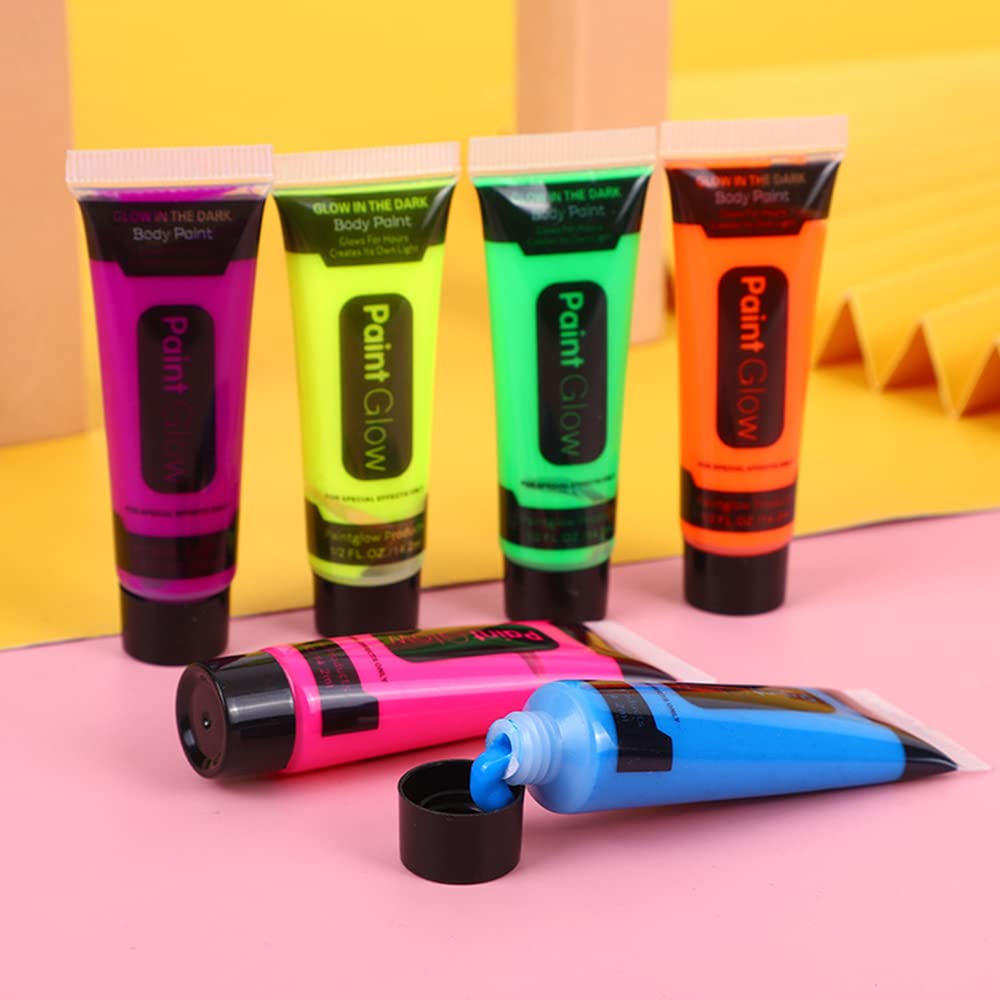 Black Light Neon Face and Body Paint Glow in the Dark Paint Halloween Blacklight Glow Party 6 Color 24 tubes