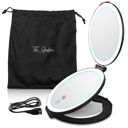 Travel Makeup Mirror with Lights – 7" Rechargeable LED Mirror, 1X/5X Magnification, Foldable Portable Design with Touch Screen & 3 Color Brightness