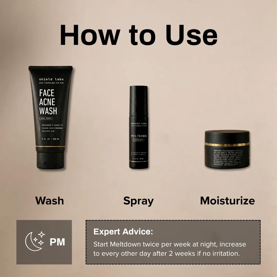 Shield Face Acne System for Men and Boys, Easy 3-Step Clear Skin Kit with 4% Benzoyl Peroxide Face Wash, Adapinoid Spray and Manuka Honey Moisturizer Beauty and Personal Care Shield