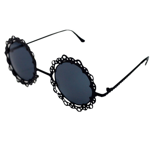 Mily Womens Vintage Hollow Lace Metal Flower Frame Round Sunglasses from (black)
