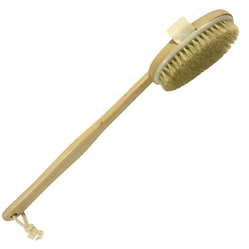 Dry Skin Body Brush 16"- Natural Bristle - For Dry Brushing - Detachable Handle -Removes Dead Skin & Toxins, Helps Cellulite, Lymphatic Functions