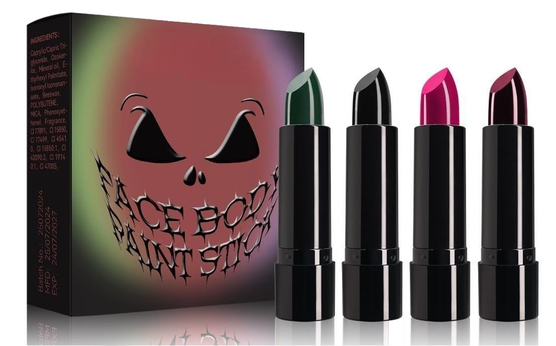 Halloween Face Paint Kit, 4 Colors Lipstick Set?Water-Based Non-Toxic Makeup for Face & Body | Easy Wash Off for Costume Parties, Kids, Adults