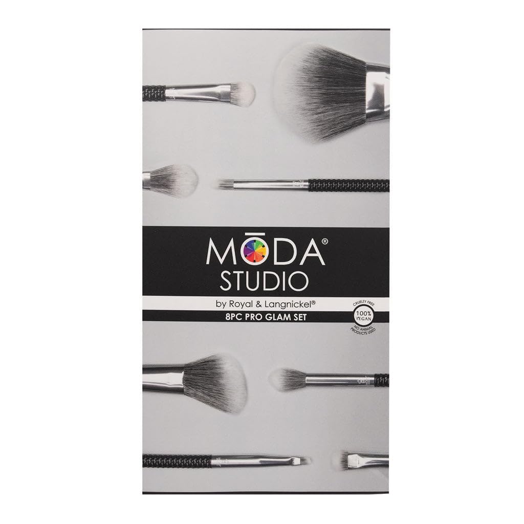 MODA Studio 8pc Pro Glam Makeup Brush Set, Includes - Powder, Contour, Glow, Shader, Crease, Smudger, Detail, and Brow Brushes