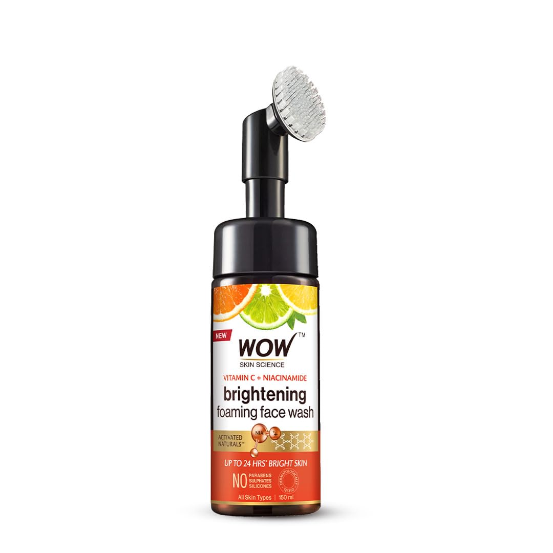 WOW Skin Science Vitamin C Exfoliating Face Wash With Brush, Soft, Silicones Bristles, Foaming Cleanser For All Skin Type, Hydrate For Smooth Skin