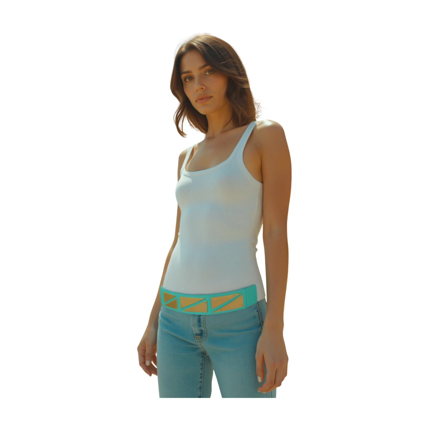 TrendyFashionJewelry Women Fashion Elastic Waistband Belt High Waist Hip Gold Metal Triangles Buckle Size S M Mint Green Color