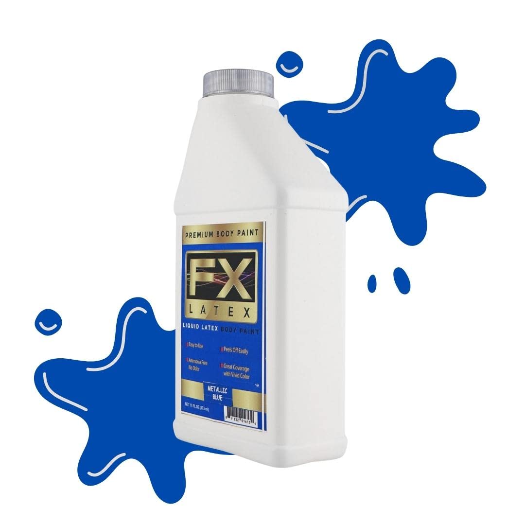 Liquid Latex - Face and Body Paint, Ammonia Free, Easy On and Off, Cosplay Makeup, Create Professional Monster, Zombie Arts 16 Oz (Metallic Blue)