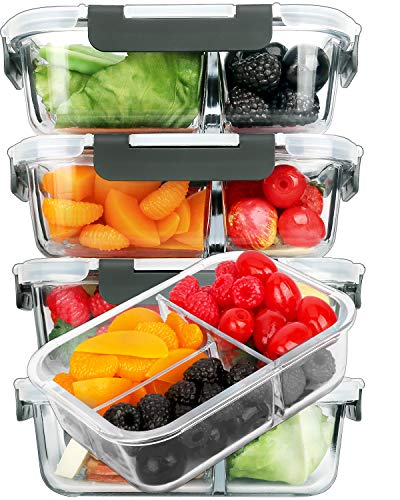 M MCIRCO [5-Pack, 36 oz] Glass Meal Prep Containers 3 Compartment with Lids, Glass Lunch Containers,Food Prep Lunch Box,Bento Box,Microwave, Oven…