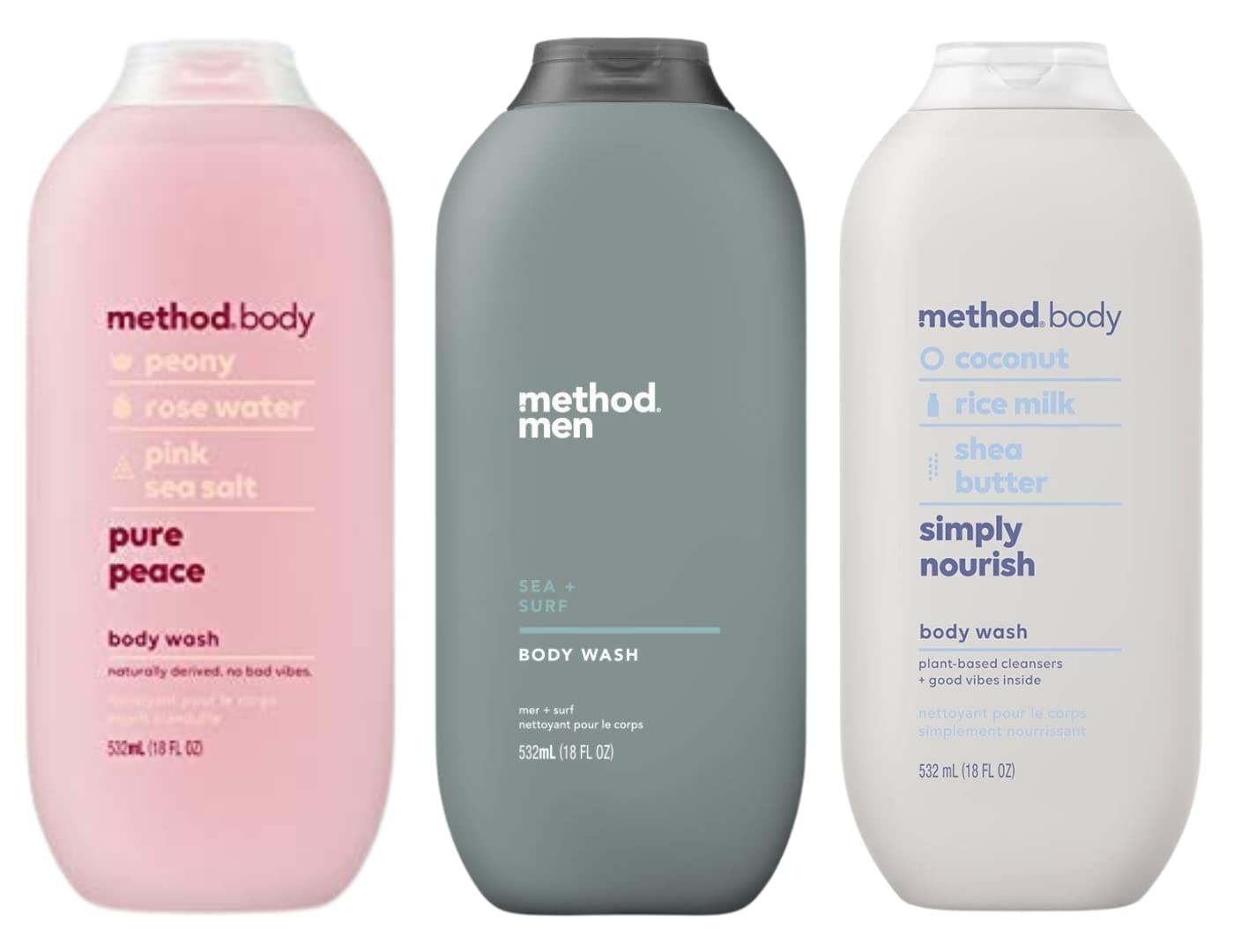 Method Body Wash Trio, Moisturizing Body Wash, Daily Shower Gel and Plant-Based Body Cleanser, Pure Peace, Sea + Surf, Simply Nourish, 18 Fluid Ounces Beauty & Personal Care Method