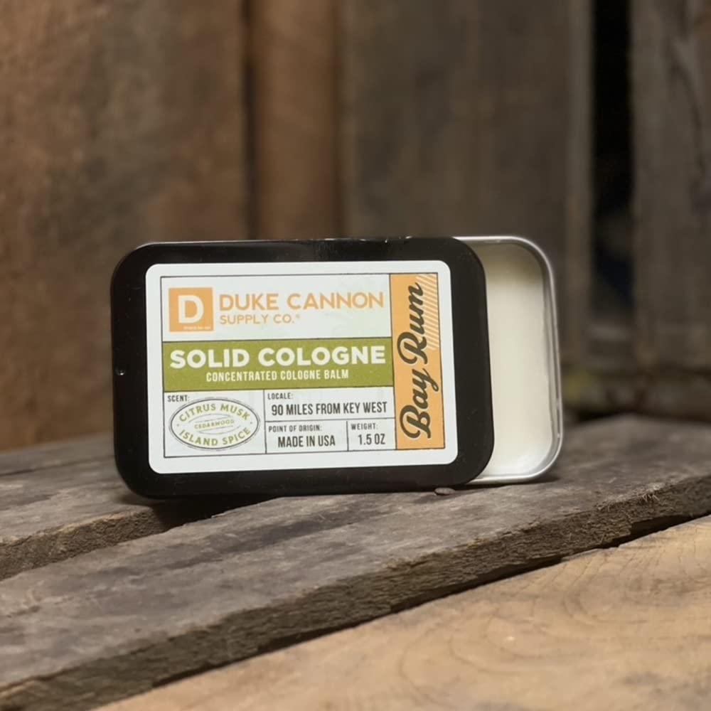 Duke Cannon Supply Co. Solid Cologne for Men Bay Rum (Citrus Musk, Cedarwood, Island Spice) - Concentrated Balm, Travel-Friendly Convenient Tin, 1.5