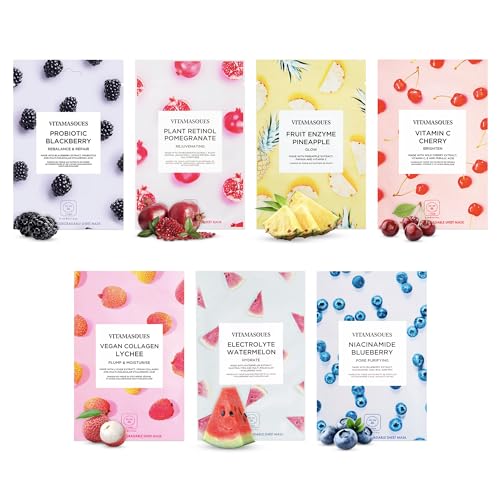 Vitamasques Face Masks Skincare Sheet Kit, 7-Pack - Juicy Collection of Triple-Layer Sheet Facial Masks - Korean Skin Care Pore Purifying