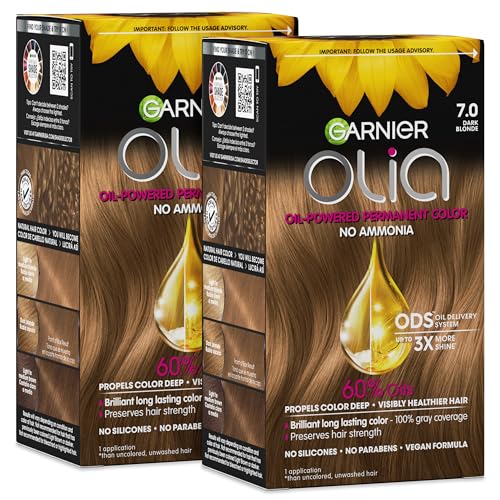 Garnier Olia Hair Color, Ammonia-Free Permanent Hair Dye, Oil-Powered Formula for 100% Gray Coverage and 3x Shinier Hair, Vegan & Cruelty Free, 7.0
