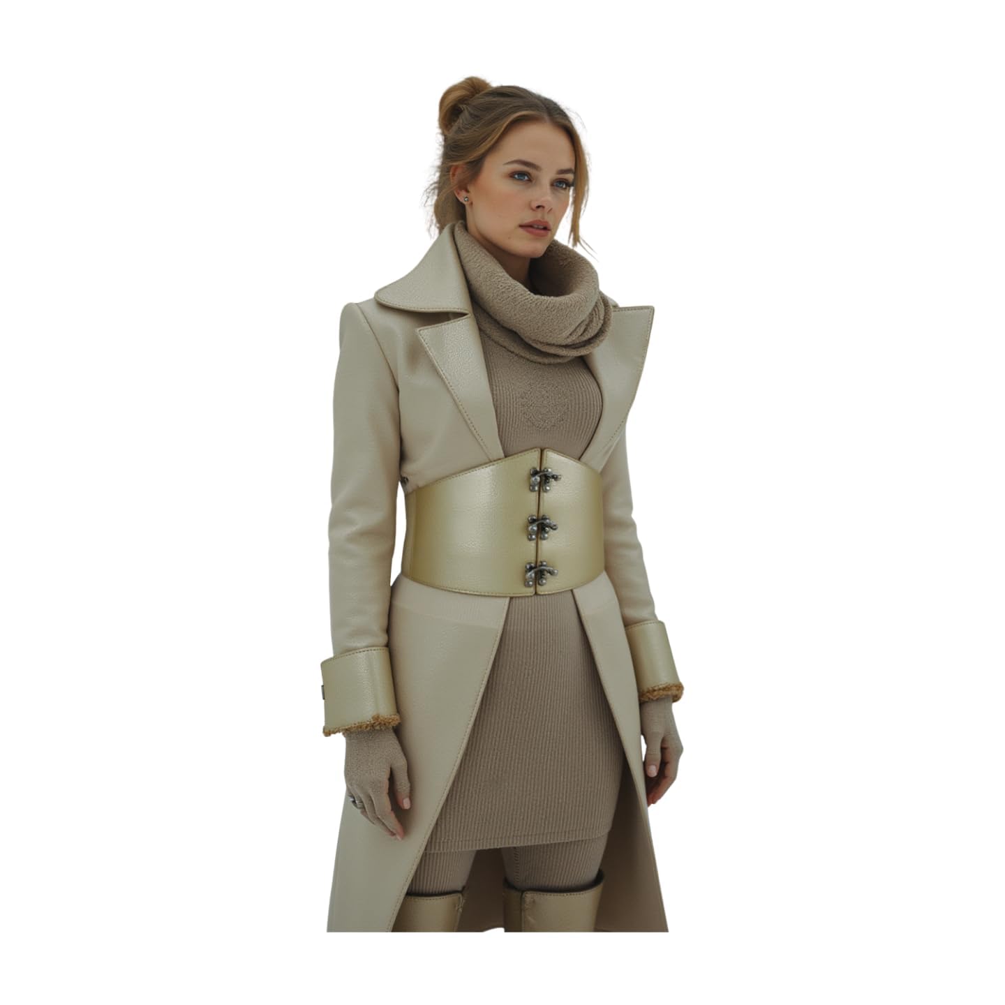 Women Elastic Waistband Wide Champagne Beige Corset Fashion Belt Silver Hook Plus Size L XL