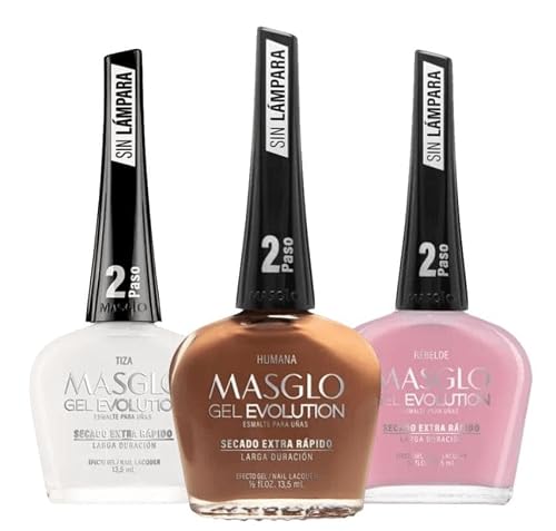 MASGLO GEL EVOLUTION Nail Polish Gel Effect, No UV/Led Lamp Required, Duration Up To 12 Days, 3 PCs Colors - Tiza, Humana, Rebelde Beauty & Personal Care MASGLO