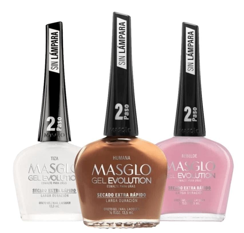 MASGLO GEL EVOLUTION Nail Polish Gel Effect, No UV/Led Lamp Required, Duration Up To 12 Days, 3 PCs Colors - Tiza, Humana, Rebelde Beauty & Personal Care MASGLO
