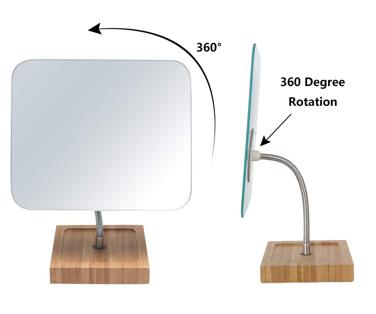 YEAKE Flexible Gooseneck Bamboo Vanity Makeup Mirror,360°Rotation 8" Large Frameless, Folding Portable Table Desk Mirror with Stand for Bathroom