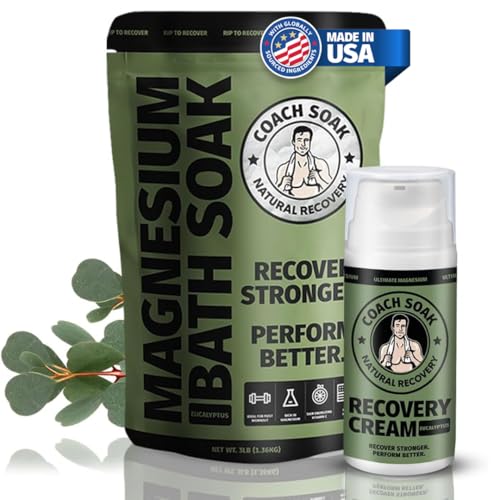Coach Soak Recovery Bath Soak & Magnesium Cream - Bath Salt (3 lb) & Magnesium Lotion (3.4 oz) - Natural Recovery Cream & Fast-Absorbing Pure Flakes