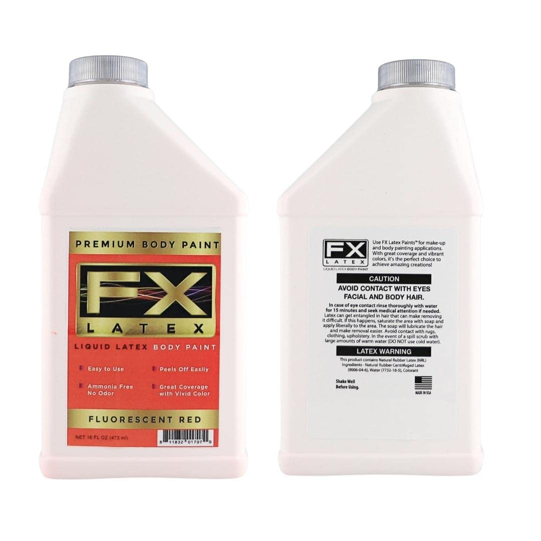 Liquid Latex - Face and Body Paint, Ammonia Free, Easy On and Off, Cosplay Makeup, Create Professional Monster, Zombie Arts 16 Oz (Fluorescent Red)