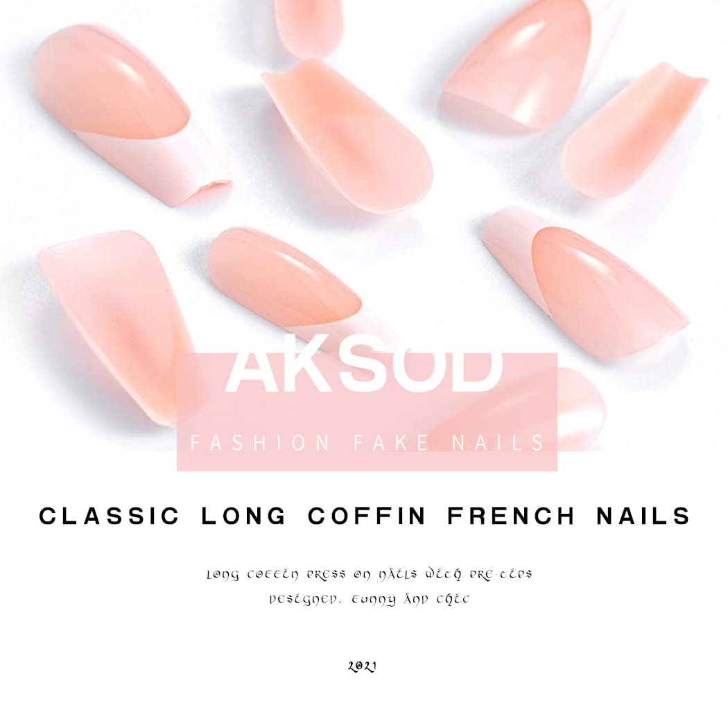 Aksod Long Coffin French Manicure Press on Nails Tips Glossy Pink Fake Nails Designed Ballerina Full Cover Artificial False Nails Tips for Women