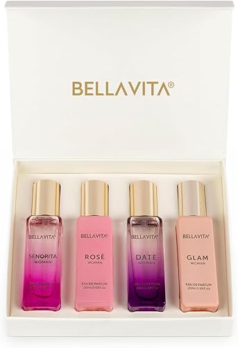 BellaVita Luxury Women's Perfume Gift Set | 4x20ml | Notes of Floral, Sweet, Spicey Red Fruit, Vanilla & Musk | DATE, SENORITA, GLAM & ROSE | French
