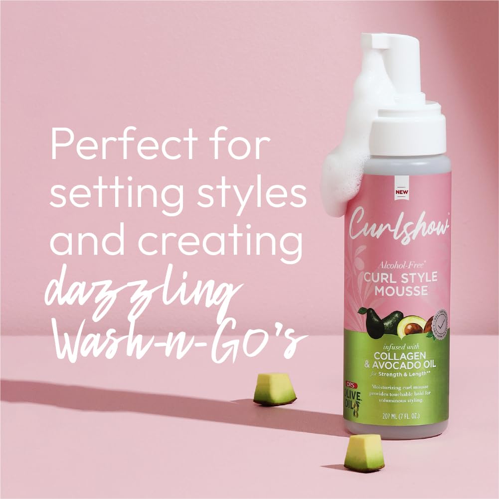 ORS Olive Oil Curlshow Curl Style Mousse Infused with Collagen & Avocado Oil for Strength & Length, Alcohol Free (7.0 oz)