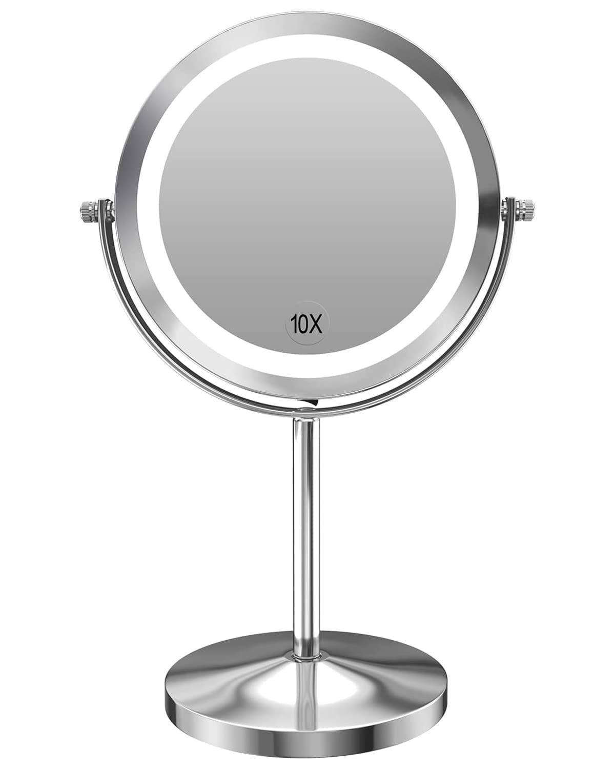 1X/10x Magnified Lighted Makeup Mirror Double Sided Round Magnifying Mirror Standing 360 Degree Swivel Vanity Mirror Battery Operated 7 Inch Diameter