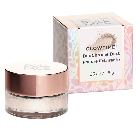 Doll Face Highlighter Makeup, Glowtime! DuoChrome Dust, Holographic Illuminator Loose Powder, Feather-Light Eye, Face & Body Shimmer Make Up